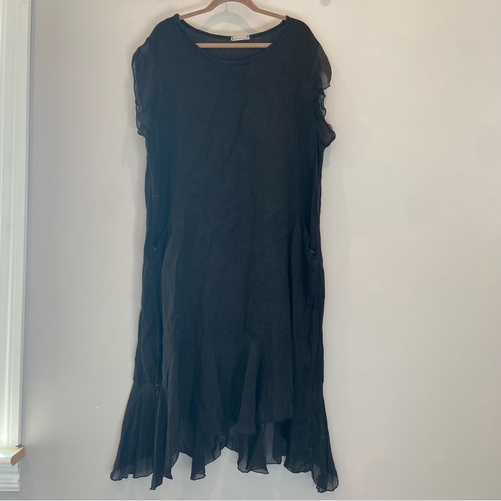 MADE IN ITALY Linen Oversized Midi Dress Silk Ruffle Lagenlook Large / XL - Picture 2 of 7